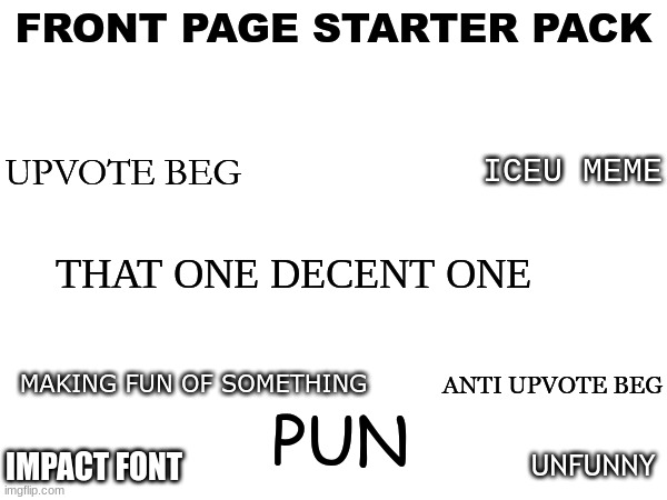 I may be being harsh but whatever | FRONT PAGE STARTER PACK; ICEU MEME; UPVOTE BEG; THAT ONE DECENT ONE; ANTI UPVOTE BEG; MAKING FUN OF SOMETHING; PUN; UNFUNNY; IMPACT FONT | image tagged in blank starter pack,starter pack,x starter pack | made w/ Imgflip meme maker