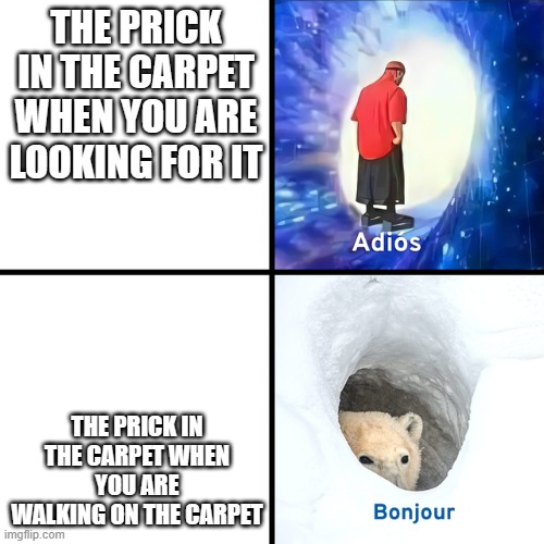 True story | THE PRICK IN THE CARPET WHEN YOU ARE LOOKING FOR IT; THE PRICK IN THE CARPET WHEN YOU ARE WALKING ON THE CARPET | image tagged in adios bonjour,prick,owch,carpet,goodbye,hello | made w/ Imgflip meme maker