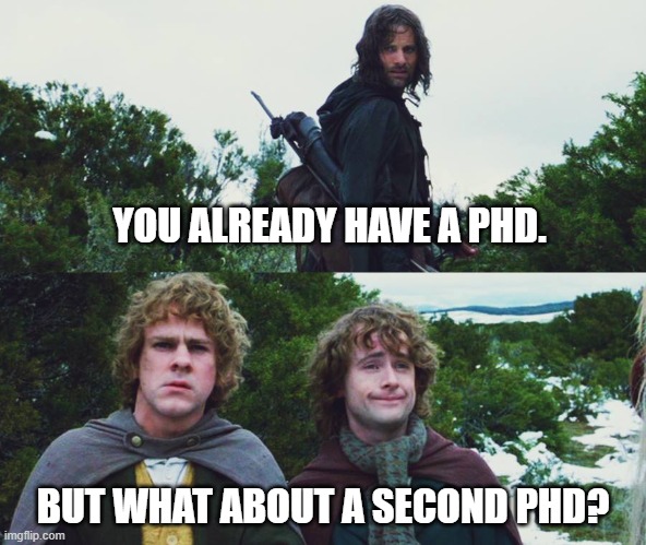 Aragorn Merry Pippin Second Breakfast | YOU ALREADY HAVE A PHD. BUT WHAT ABOUT A SECOND PHD? | image tagged in aragorn merry pippin second breakfast | made w/ Imgflip meme maker