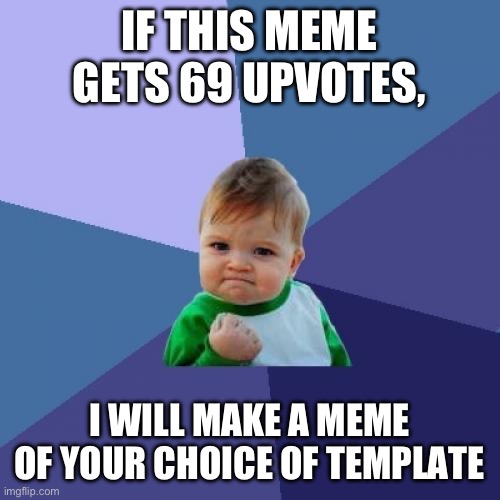 Success Kid Meme | IF THIS MEME GETS 69 UPVOTES, I WILL MAKE A MEME OF YOUR CHOICE OF TEMPLATE | image tagged in memes,success kid | made w/ Imgflip meme maker