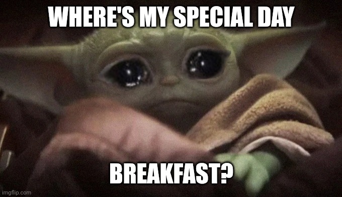 Crying Baby Yoda | WHERE'S MY SPECIAL DAY; BREAKFAST? | image tagged in crying baby yoda | made w/ Imgflip meme maker
