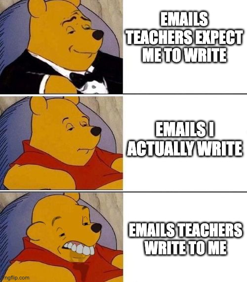 Tuxedo on Top Winnie The Pooh (3 panel) | EMAILS TEACHERS EXPECT ME TO WRITE; EMAILS I ACTUALLY WRITE; EMAILS TEACHERS WRITE TO ME | image tagged in tuxedo on top winnie the pooh 3 panel | made w/ Imgflip meme maker