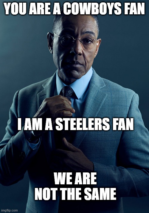 Gus Fring we are not the same | YOU ARE A COWBOYS FAN; I AM A STEELERS FAN; WE ARE NOT THE SAME | image tagged in gus fring we are not the same | made w/ Imgflip meme maker