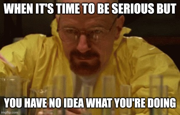 Walter White Cooking | WHEN IT'S TIME TO BE SERIOUS BUT; YOU HAVE NO IDEA WHAT YOU'RE DOING | image tagged in walter white cooking | made w/ Imgflip meme maker