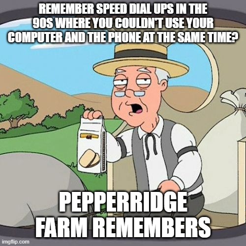 I'm glad I was born in 1999. | REMEMBER SPEED DIAL UPS IN THE 90S WHERE YOU COULDN'T USE YOUR COMPUTER AND THE PHONE AT THE SAME TIME? PEPPERRIDGE FARM REMEMBERS | image tagged in memes,pepperidge farm remembers,1990s first world problems,1990's,windows 95 | made w/ Imgflip meme maker