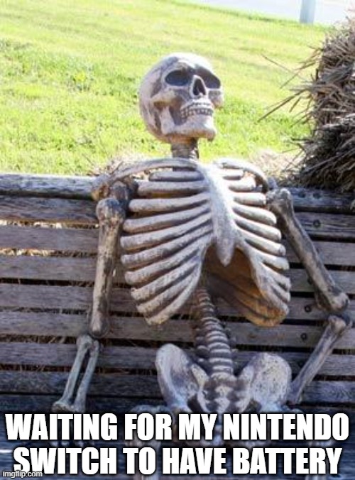 the thing i hate about nintendo switches | WAITING FOR MY NINTENDO SWITCH TO HAVE BATTERY | image tagged in memes,waiting skeleton | made w/ Imgflip meme maker
