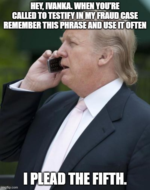 Trump on the phone | HEY, IVANKA. WHEN YOU'RE CALLED TO TESTIFY IN MY FRAUD CASE REMEMBER THIS PHRASE AND USE IT OFTEN; I PLEAD THE FIFTH. | image tagged in trump on the phone | made w/ Imgflip meme maker