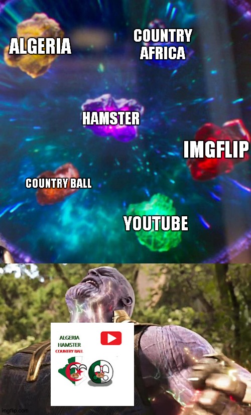 thanos infinity stones of algeria hamster country ball | ALGERIA; COUNTRY AFRICA; HAMSTER; IMGFLIP; COUNTRY BALL; YOUTUBE | image tagged in thanos infinity stones | made w/ Imgflip meme maker