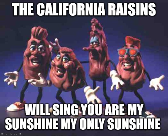 California Raisins | THE CALIFORNIA RAISINS; WILL SING YOU ARE MY SUNSHINE MY ONLY SUNSHINE | image tagged in california raisins,funny memes | made w/ Imgflip meme maker