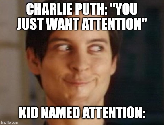 Spiderman Peter Parker Meme | CHARLIE PUTH: "YOU JUST WANT ATTENTION" KID NAMED ATTENTION: | image tagged in memes,spiderman peter parker | made w/ Imgflip meme maker