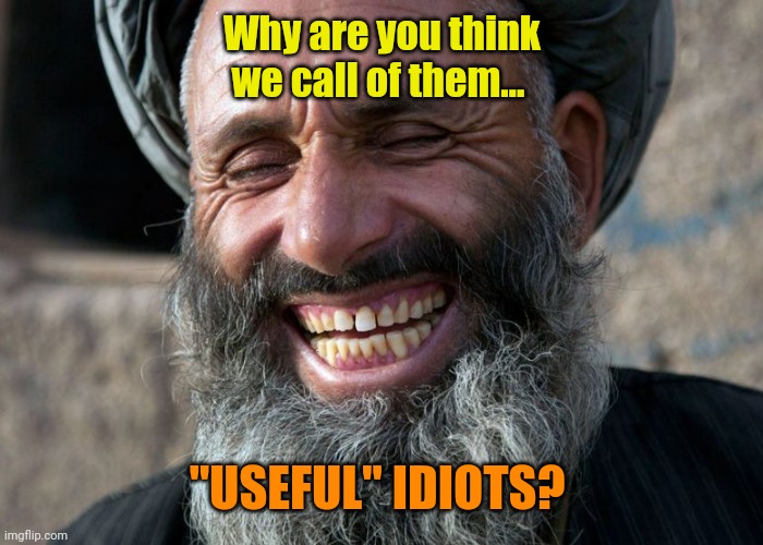 Laughing Terrorist | Why are you think we call of them... "USEFUL" IDIOTS? | image tagged in laughing terrorist | made w/ Imgflip meme maker