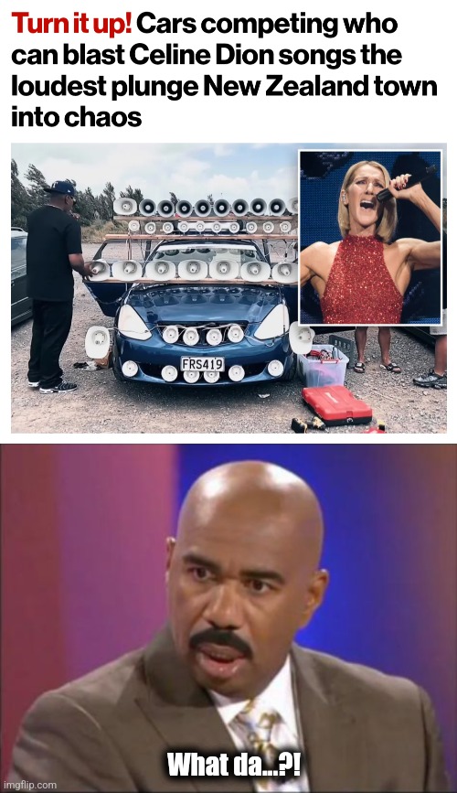 For anyone who says the world isn't going crazy: | What da...?! | image tagged in new zealand,celine dion,cars,memes,contest | made w/ Imgflip meme maker