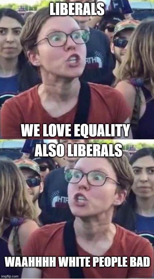 What hypocrites | LIBERALS; WE LOVE EQUALITY; ALSO LIBERALS; WAAHHHH WHITE PEOPLE BAD | image tagged in angry liberal hypocrite,memes,funny | made w/ Imgflip meme maker