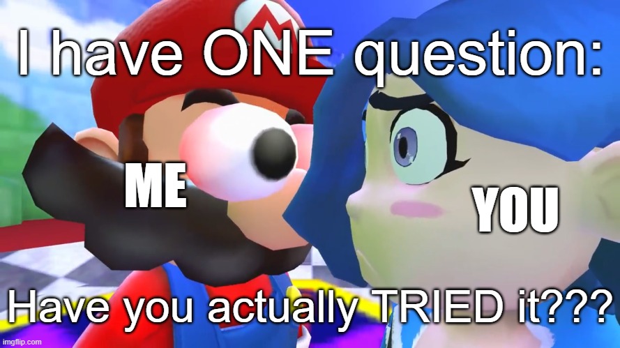 Mario stares at tari | ME YOU I have ONE question: Have you actually TRIED it??? | image tagged in mario stares at tari | made w/ Imgflip meme maker