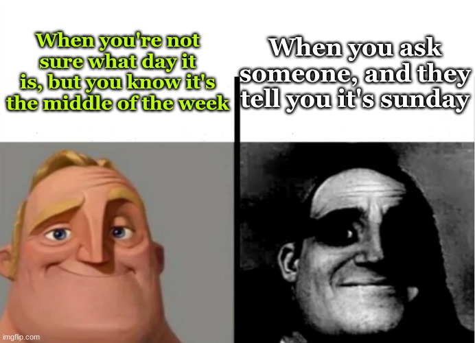 Isn't it Wednesday? or thursday, right? | When you're not sure what day it is, but you know it's the middle of the week; When you ask someone, and they tell you it's sunday | image tagged in teacher's copy,traumatized mr incredible,weekdays,sunday,time,bad memory | made w/ Imgflip meme maker