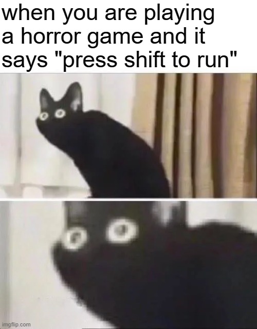 RUN | when you are playing a horror game and it says "press shift to run" | image tagged in oh no black cat | made w/ Imgflip meme maker