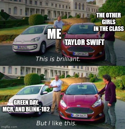 the odd one out | THE OTHER GIRLS IN THE CLASS; ME; TAYLOR SWIFT; GREEN DAY, MCR, AND BLINK-182 | image tagged in this is brilliant but i like this | made w/ Imgflip meme maker