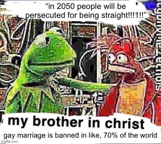 My brother in Christ | “in 2050 people will be persecuted for being straight!!!1!!”; gay marriage is banned in like, 70% of the world | image tagged in my brother in christ | made w/ Imgflip meme maker