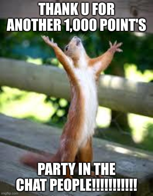 THANKSSSSSSSSS!!!!!!!! | THANK U FOR ANOTHER 1,000 POINT'S; PARTY IN THE CHAT PEOPLE!!!!!!!!!!! | image tagged in praise squirrel | made w/ Imgflip meme maker