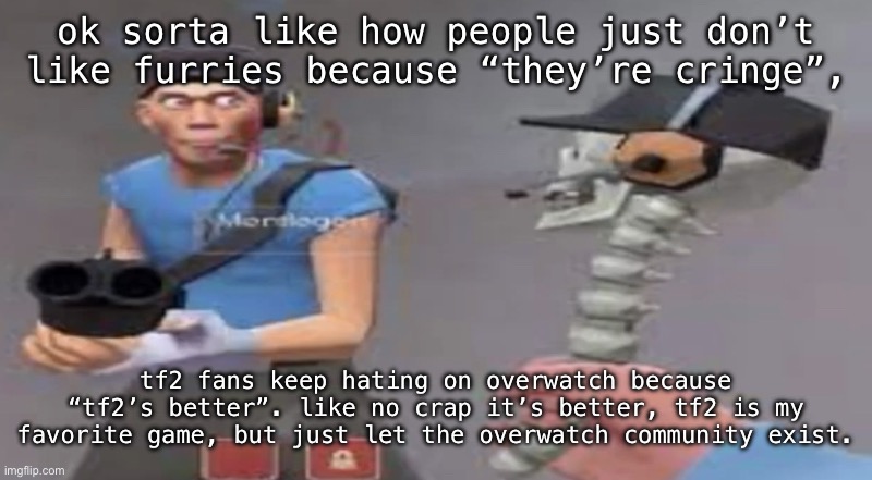 something bad will happen soon | ok sorta like how people just don’t like furries because “they’re cringe”, tf2 fans keep hating on overwatch because “tf2’s better”. like no crap it’s better, tf2 is my favorite game, but just let the overwatch community exist. | image tagged in something bad will happen soon | made w/ Imgflip meme maker