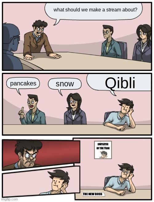 introducing the Qibli_fan-club ( link in comments ) | what should we make a stream about? Qibli; pancakes; snow; EMPLOYEE OF THE YEAR; THE NEW BOSS | image tagged in boardroom meeting unexpected ending,wof | made w/ Imgflip meme maker