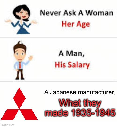 Japanese companies | A Japanese manufacturer, What they made 1935-1945 | image tagged in never ask,wwii | made w/ Imgflip meme maker