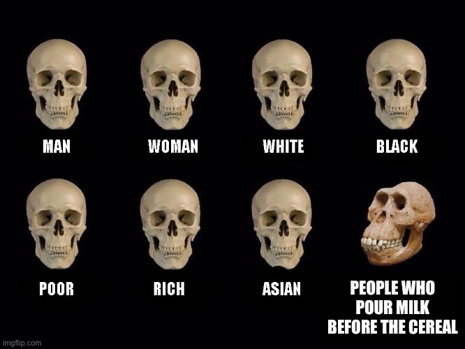 Sorry Guys, I’m One Of Those People… | PEOPLE WHO POUR MILK BEFORE THE CEREAL | image tagged in empty skulls of truth,milk before cereal,milk,cereal,monkey | made w/ Imgflip meme maker