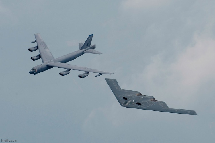 B-2 Spirit flying beside B-52 Stratofortress | made w/ Imgflip meme maker