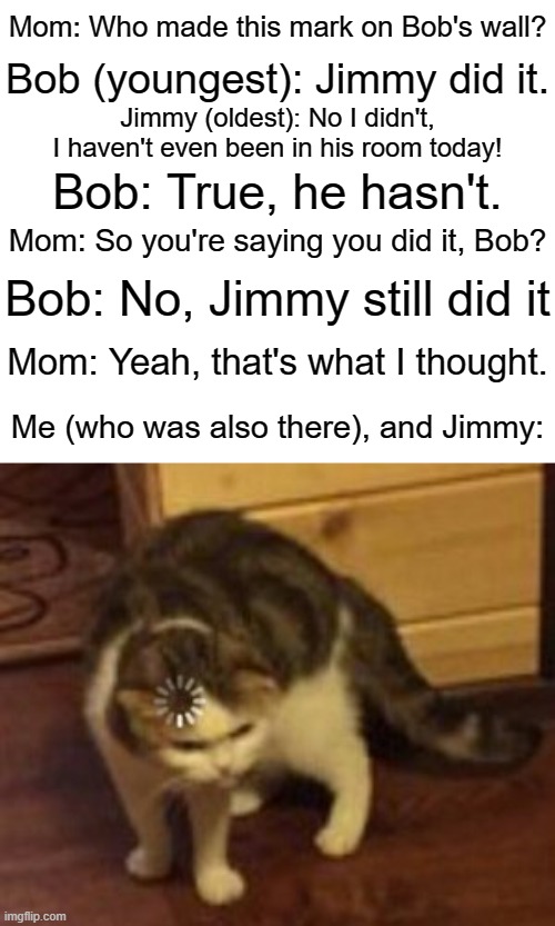 It's called being on the side of the youngest child | Mom: Who made this mark on Bob's wall? Bob (youngest): Jimmy did it. Jimmy (oldest): No I didn't, I haven't even been in his room today! Bob: True, he hasn't. Mom: So you're saying you did it, Bob? Bob: No, Jimmy still did it; Mom: Yeah, that's what I thought. Me (who was also there), and Jimmy: | image tagged in loading cat,memes,funny,huh,certified bruh moment,who reads these | made w/ Imgflip meme maker