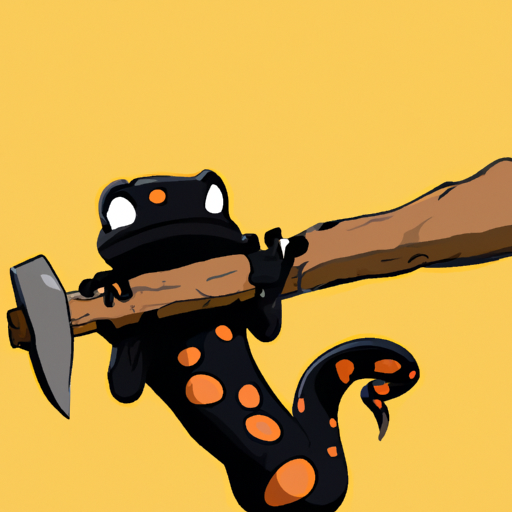 black spotted salamander looking down at bloody hammer Blank Meme Template