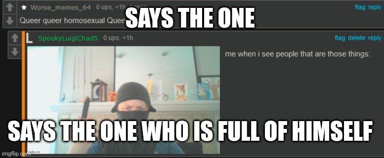 Common LuigiChad W | SAYS THE ONE SAYS THE ONE WHO IS FULL OF HIMSELF | image tagged in common luigichad w | made w/ Imgflip meme maker