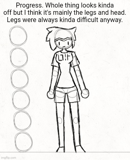 We'll see how it looks after line art | Progress. Whole thing looks kinda off but I think it's mainly the legs and head.
Legs were always kinda difficult anyway. | made w/ Imgflip meme maker