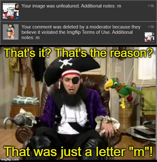 That's it? That's the reason? That was just a letter "m"! | image tagged in patchy the pirate that's it | made w/ Imgflip meme maker