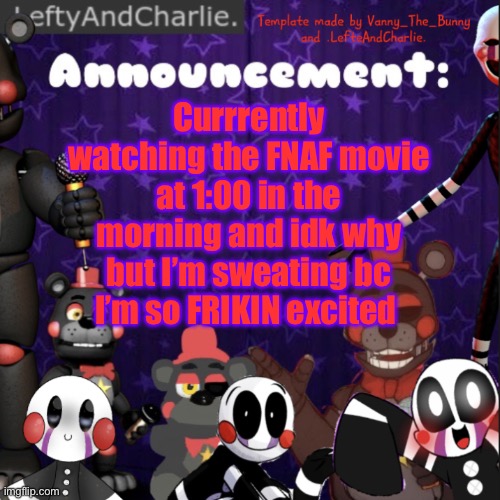 Wjsicjfjff f | Currrently watching the FNAF movie at 1:00 in the morning and idk why but I’m sweating bc I’m so FRIKIN excited | image tagged in lefte temp | made w/ Imgflip meme maker