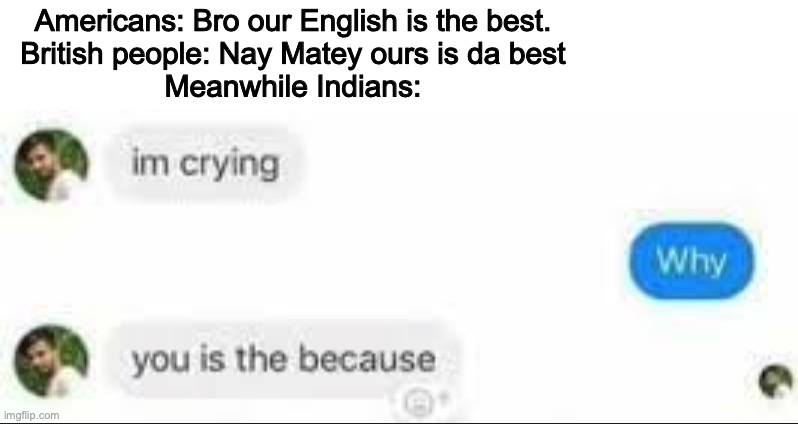 Indians | Americans: Bro our English is the best.
British people: Nay Matey ours is da best
Meanwhile Indians: | image tagged in funny,memes,haha,true,relatable,beatmameat | made w/ Imgflip meme maker