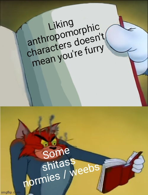 Same like saying anime liker as weebs :P | Liking anthropomorphic characters doesn't mean you're furry; Some shitass normies / weebs | image tagged in angry tom reading book,furry,memes,normie,weebs | made w/ Imgflip meme maker