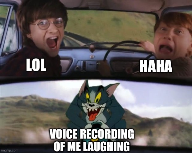 Laughing | LOL; HAHA; VOICE RECORDING OF ME LAUGHING | image tagged in tom chasing harry and ron weasly,lol,haha,laughing | made w/ Imgflip meme maker