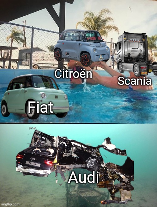 Audi Is Drowning | Citroën; Scania; Fiat; Audi | image tagged in mother ignoring kid drowning in a pool | made w/ Imgflip meme maker