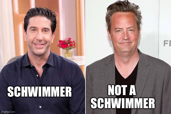 Not a Schwimmer | NOT A 
SCHWIMMER; SCHWIMMER | image tagged in chandler,chandler bing,matthew perry,friends | made w/ Imgflip meme maker