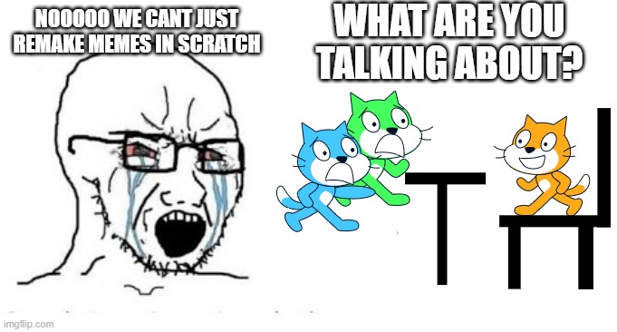 scratch | WHAT ARE YOU TALKING ABOUT? NOOOOO WE CANT JUST REMAKE MEMES IN SCRATCH | image tagged in soyjak vs chad | made w/ Imgflip meme maker