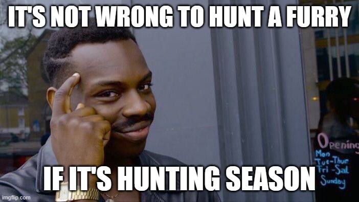 Gotta Admit I'm not wrong right? | IT'S NOT WRONG TO HUNT A FURRY; IF IT'S HUNTING SEASON | image tagged in memes,roll safe think about it | made w/ Imgflip meme maker