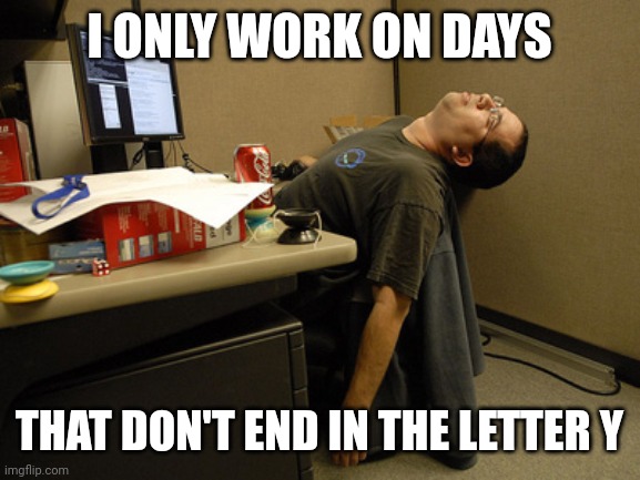 Sleeping Work | I ONLY WORK ON DAYS; THAT DON'T END IN THE LETTER Y | image tagged in sleeping work | made w/ Imgflip meme maker