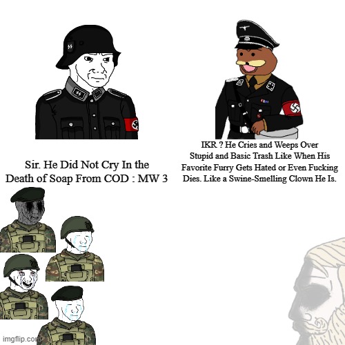 "Do Eroicans Have All Fellings" | IKR ? He Cries and Weeps Over Stupid and Basic Trash Like When His Favorite Furry Gets Hated or Even Fucking Dies. Like a Swine-Smelling Clown He Is. Sir. He Did Not Cry In the Death of Soap From COD : MW 3 | image tagged in memes,blank transparent square,wojak,pro-fandom,sad | made w/ Imgflip meme maker