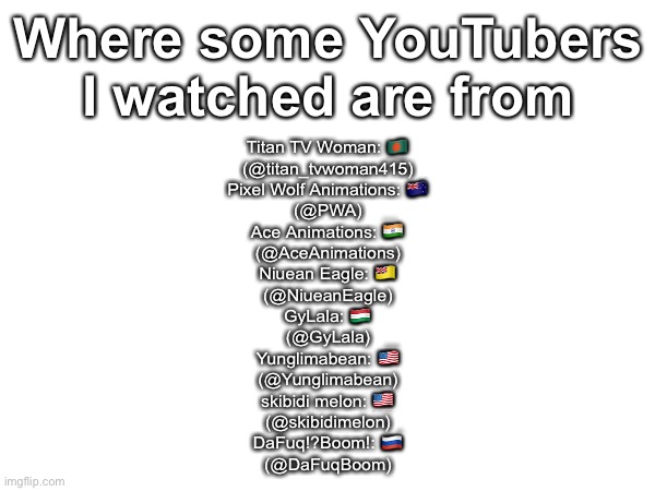 Where some YouTubers I watched are from | Where some YouTubers I watched are from; Titan TV Woman: 🇧🇩
(@titan_tvwoman415)
Pixel Wolf Animations: 🇳🇿
(@PWA)
Ace Animations: 🇮🇳
(@AceAnimations)
Niuean Eagle: 🇳🇺
(@NiueanEagle)
GyLala: 🇭🇺
(@GyLala)
Yunglimabean: 🇺🇸
(@Yunglimabean)
skibidi melon: 🇺🇸
(@skibidimelon)
DaFuq!?Boom!: 🇷🇺
(@DaFuqBoom) | made w/ Imgflip meme maker