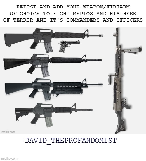 This Time You Get to Add Your Own Weapon/Firearm of Choice | REPOST AND ADD YOUR WEAPON/FIREARM OF CHOICE TO FIGHT MEPIOS AND HIS HEER OF TERROR AND IT'S COMMANDERS AND OFFICERS; DAVID_THEPROFANDOMIST | image tagged in eroican military weapons of world war iv,eroican,pro-fandom,war,mepios and major cloog along with their heer of terror sucks | made w/ Imgflip meme maker