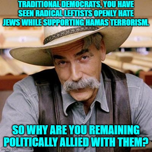 Ask yourselves Dem Party voters; who are you really at your core? | TRADITIONAL DEMOCRATS, YOU HAVE SEEN RADICAL LEFTISTS OPENLY HATE JEWS WHILE SUPPORTING HAMAS TERRORISM. SO WHY ARE YOU REMAINING POLITICALLY ALLIED WITH THEM? | image tagged in sarcasm cowboy | made w/ Imgflip meme maker
