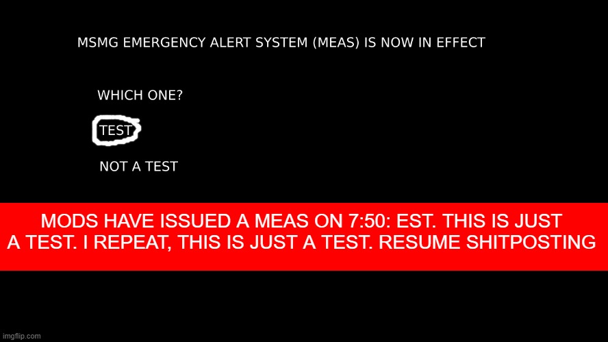 MEAS | MODS HAVE ISSUED A MEAS ON 7:50: EST. THIS IS JUST A TEST. I REPEAT, THIS IS JUST A TEST. RESUME SHITPOSTING | image tagged in meas | made w/ Imgflip meme maker