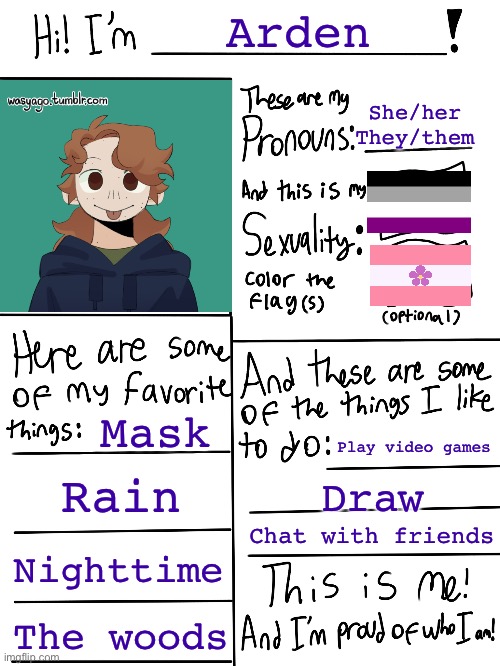 My updated lgbtq stream account profile :) | Arden; She/her They/them; Mask; Play video games; Rain; Draw; Chat with friends; Nighttime; The woods | image tagged in lgbtq stream account profile | made w/ Imgflip meme maker