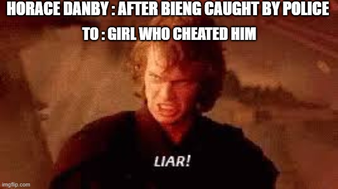 Anakin Liar | HORACE DANBY : AFTER BIENG CAUGHT BY POLICE; TO : GIRL WHO CHEATED HIM | image tagged in anakin liar | made w/ Imgflip meme maker
