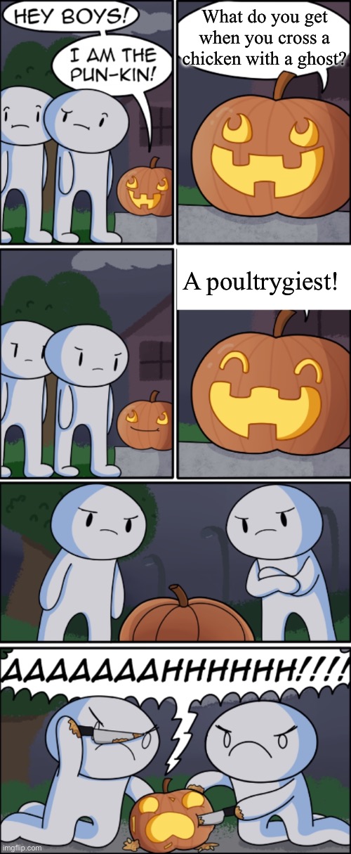 Ha ha | What do you get when you cross a chicken with a ghost? A poultrygiest! | image tagged in pun-kin,ghost,halloween,chicken,eyeroll | made w/ Imgflip meme maker